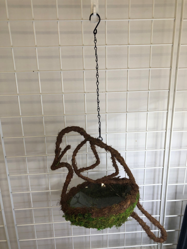 MOSS BIRD SHAPED HANGING PLANTER W/ PLASTIC INSERT.