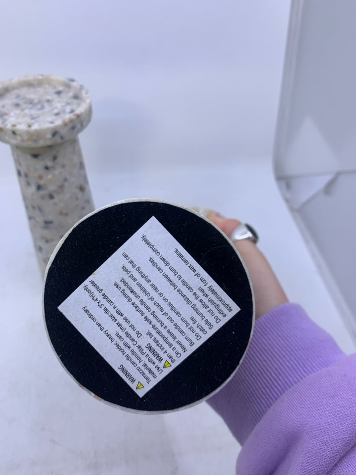 2 HEAVY FAUX STONE PILLAR CANDLE HOLDER W/ MULTI COLORED SPECKLES.