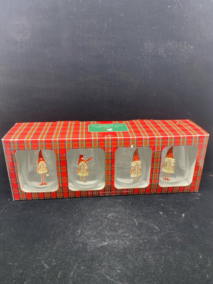 NIB SET OF 4 STEMLESS WINE GLASSES GNOME.