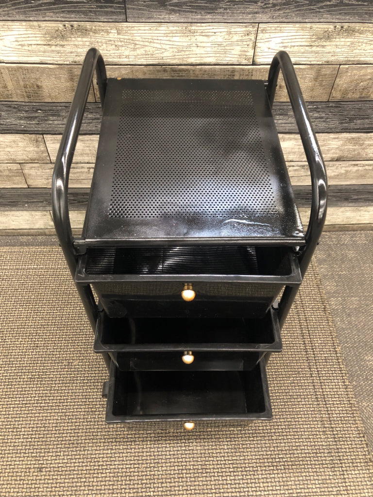 BLACK 3 DRAWER PLASTIC STORAGE ON WHEELS.