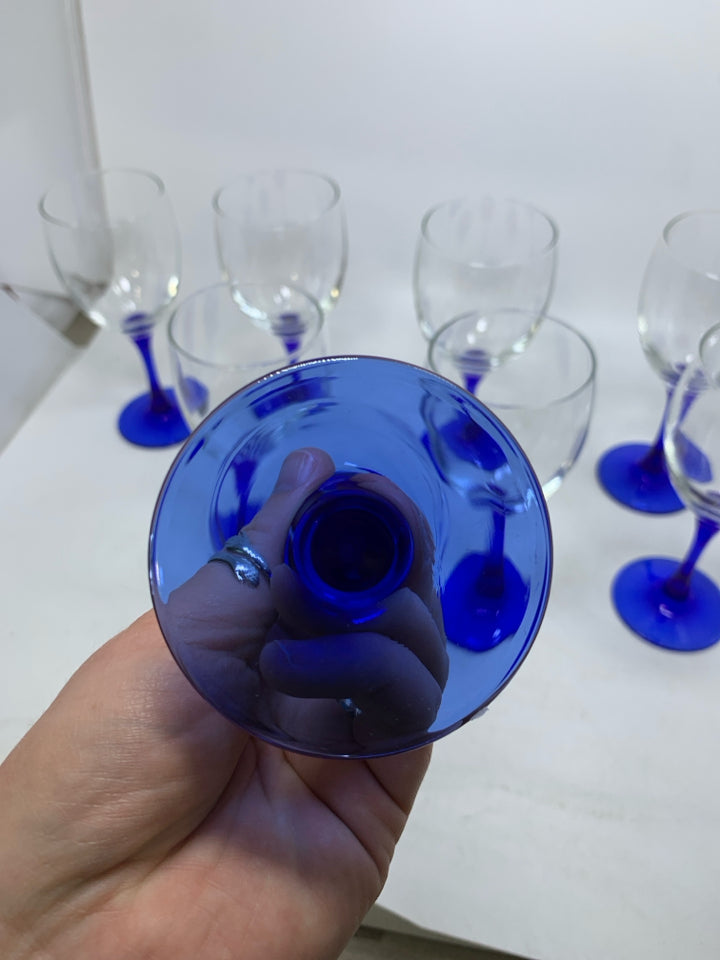8 BLUE STEM WINE GLASSES.