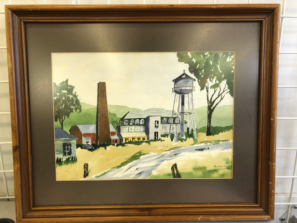 WATERCOLOR FARM SCENE IN BROWN FRAME WALL ART.