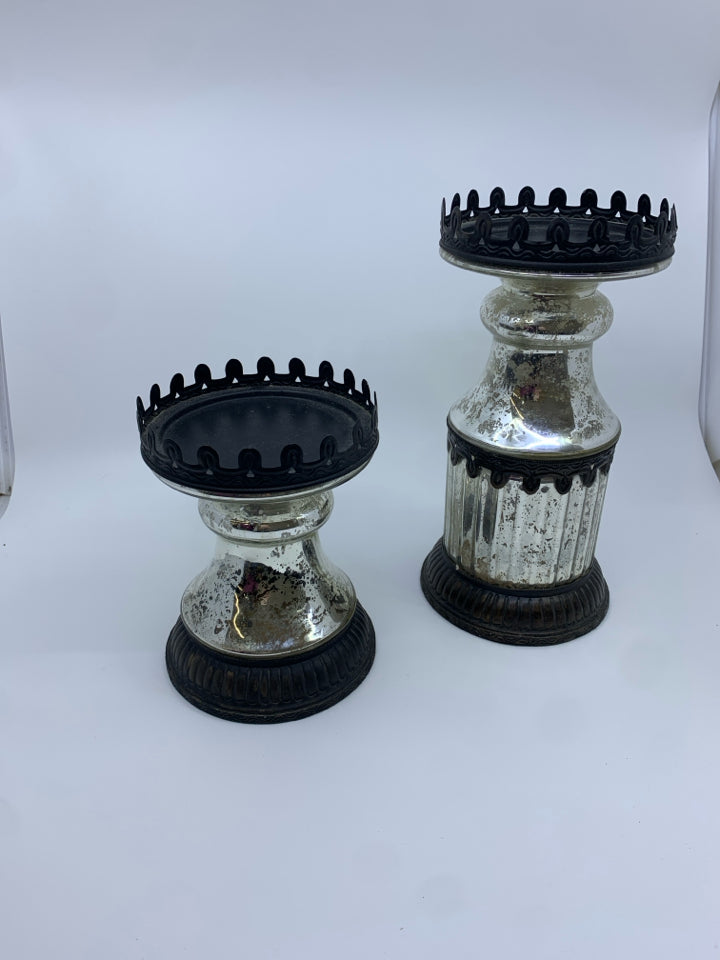 2 MERCURY GLASS PILLAR CANDLE HOLDER.