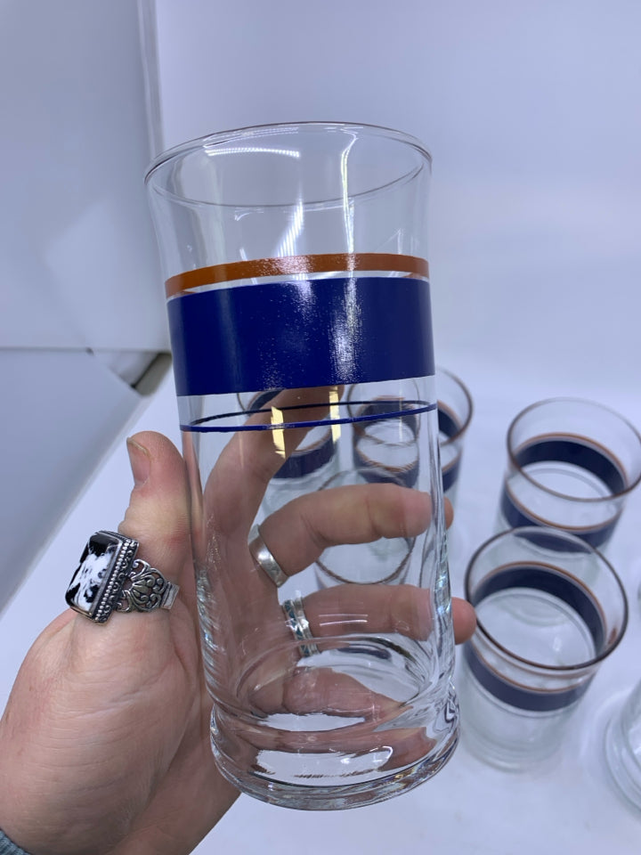 8 VTG NAVY STRIPE GLASS TUMBLERS.