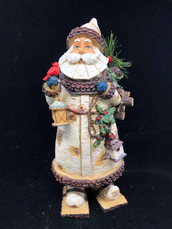 WOOD SANTA W CARDINAL LANTERN AND BIRDHOUSE.