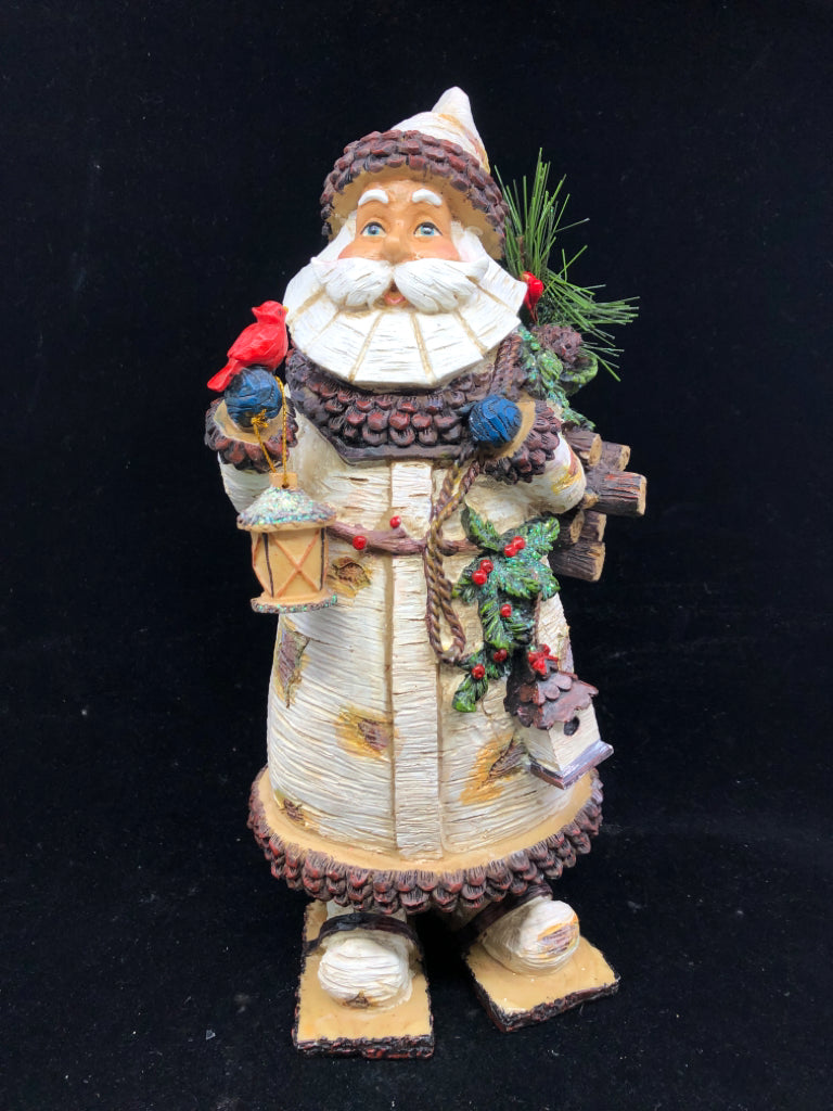 WOOD SANTA W CARDINAL LANTERN AND BIRDHOUSE.