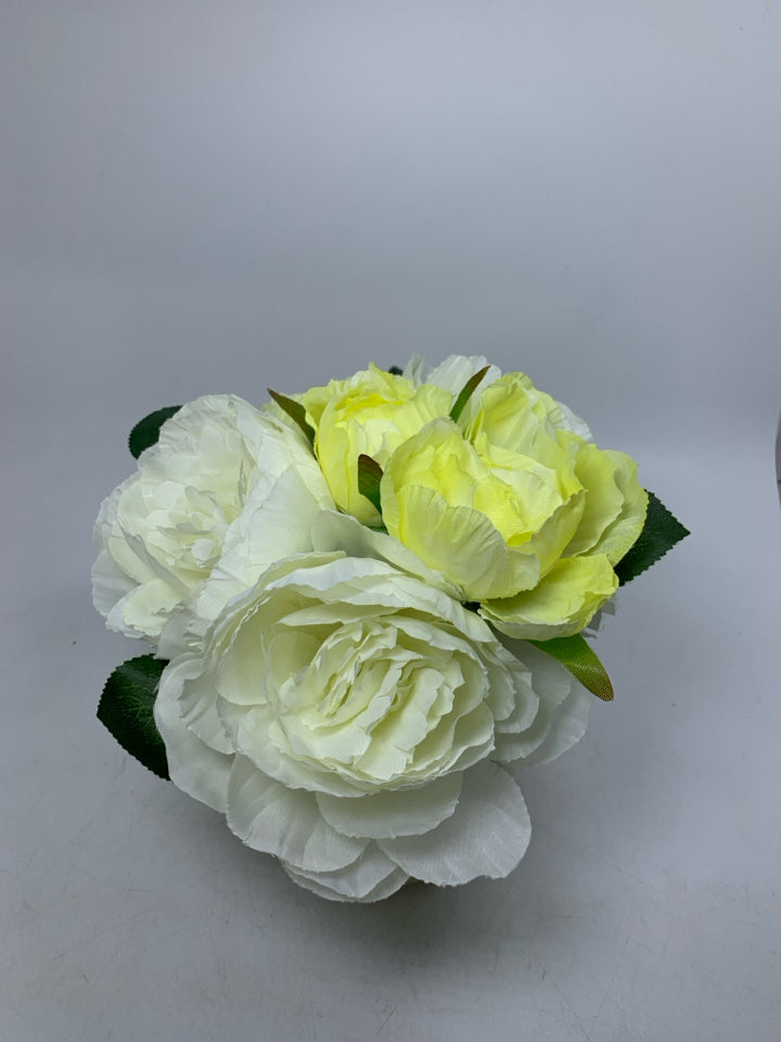 WHITE PLANTER W/ FAUX WHITE FLOWERS.