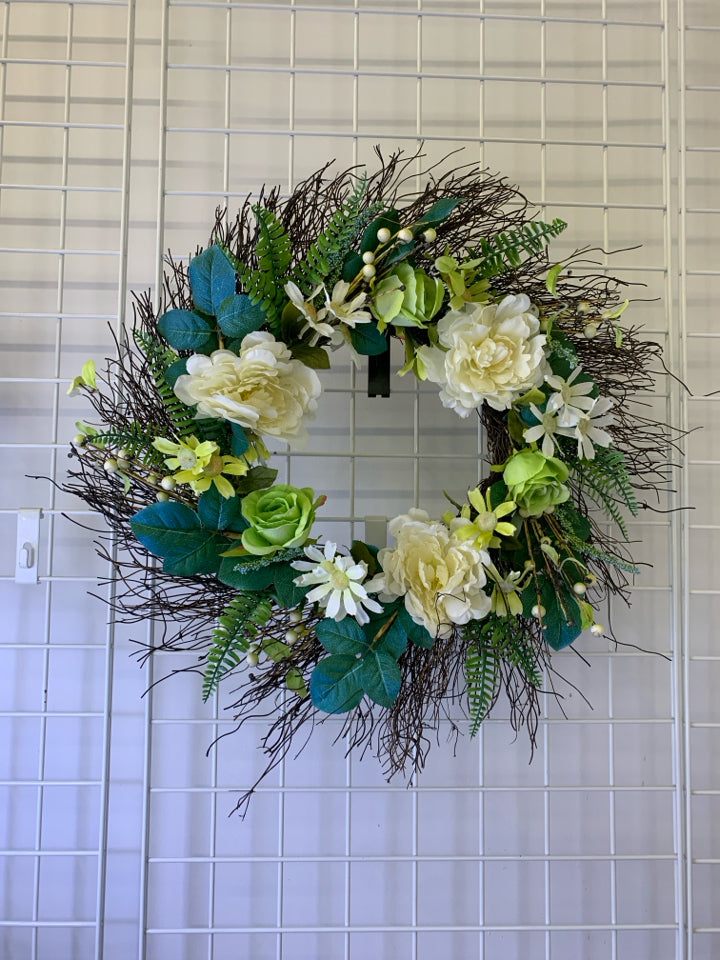 WHITE AND GREEN FLORAL WREATH.