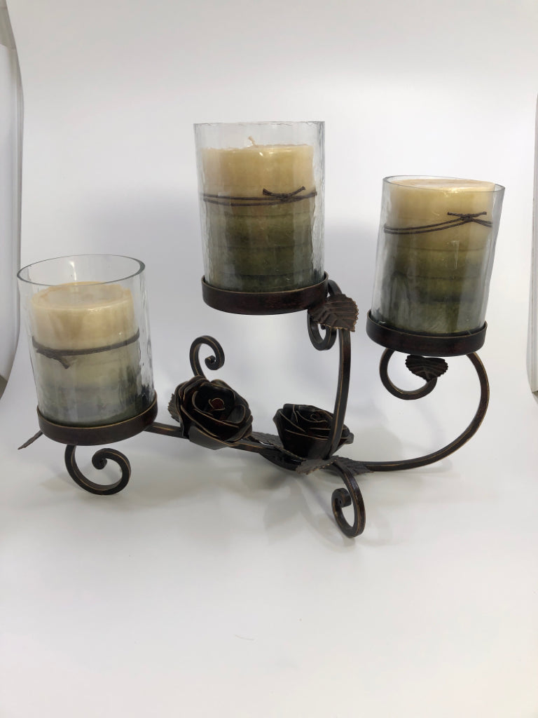BROWN ROSE METAL 3 GLASS PILLAR CANDLE HOLDER W/3 CANDLES.