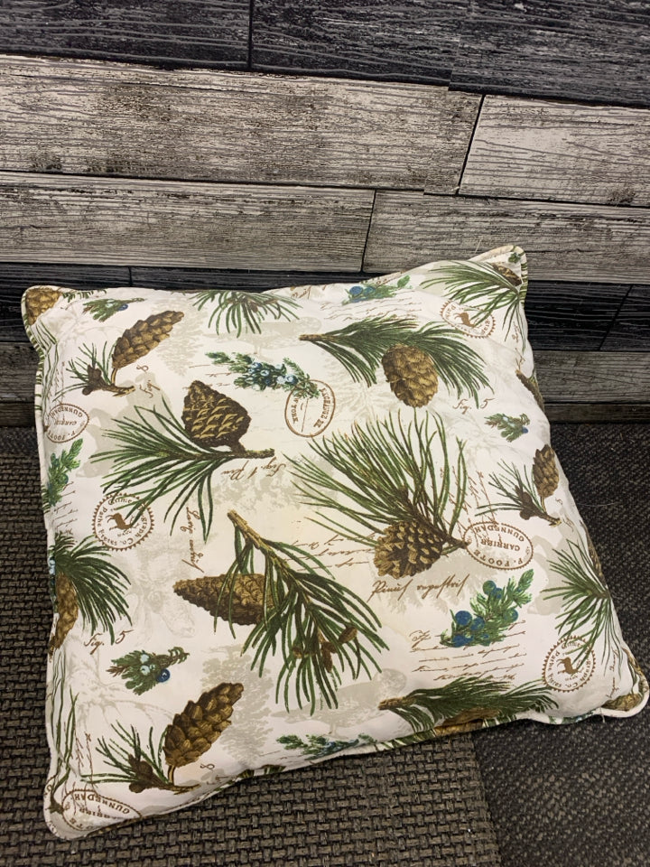 PINECONE AND STAMP THROW PILLOW.