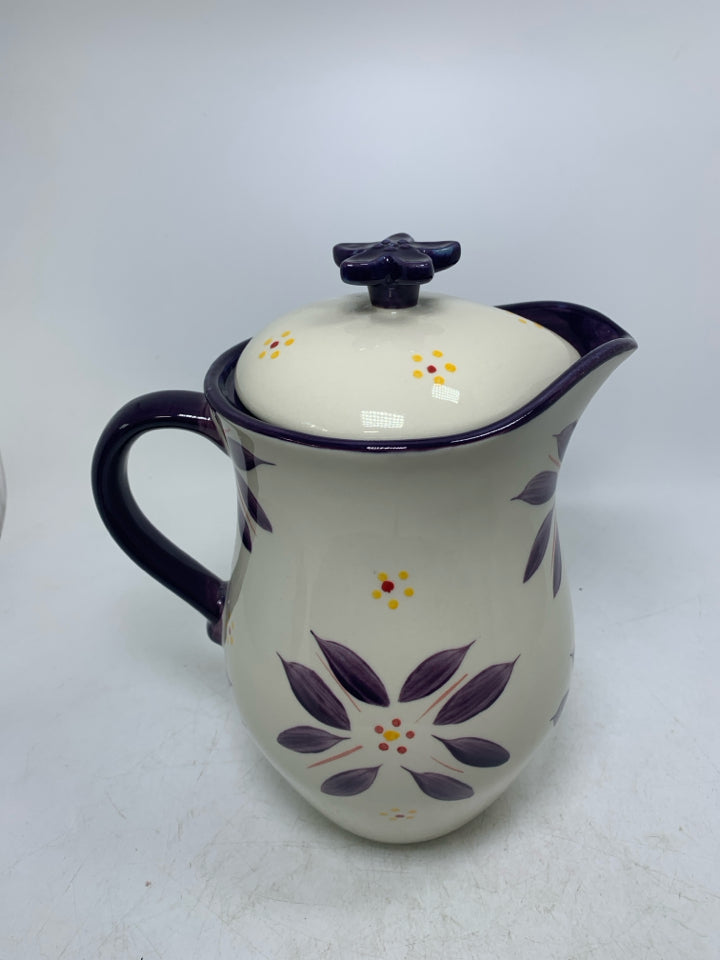 LARGE CERAMIC FLORAL PITCHER W/ LID.
