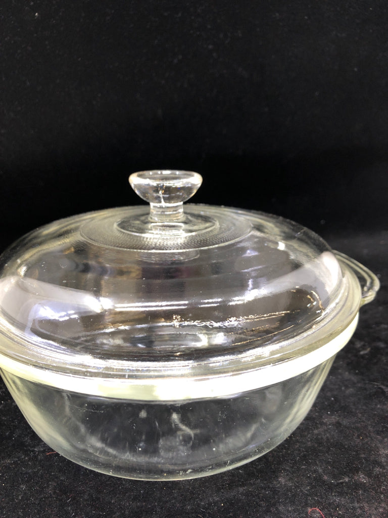 FIRE KING CLEAR CASSEROLE DISH.