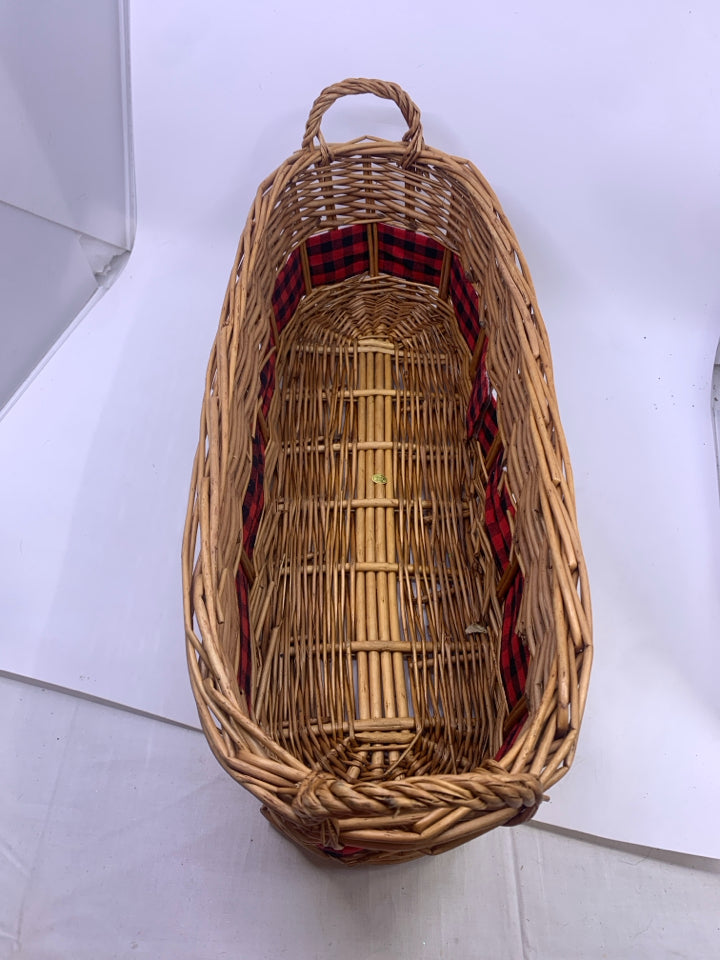 LONG OVAL BASKET W/ BUFFALO PLAID RIBBON.