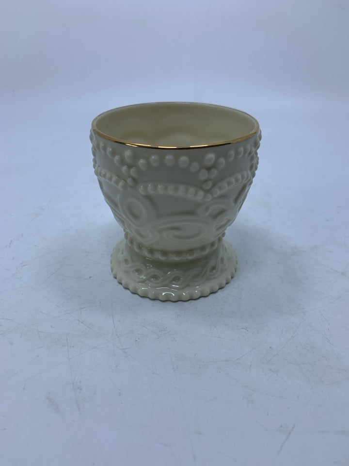 FOOTED BEADED TEALIGHT HOLDER W/ GOLD RIM.