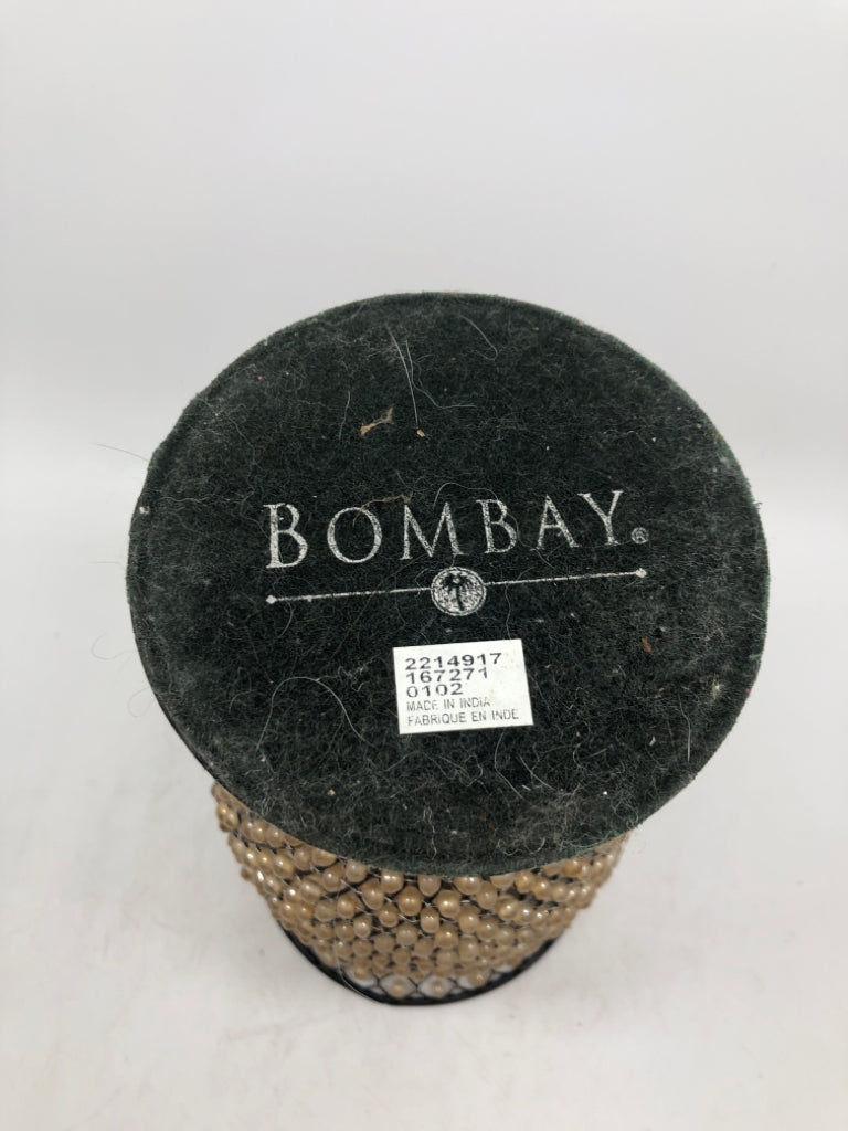 BEADED VASE W METAL BASE.