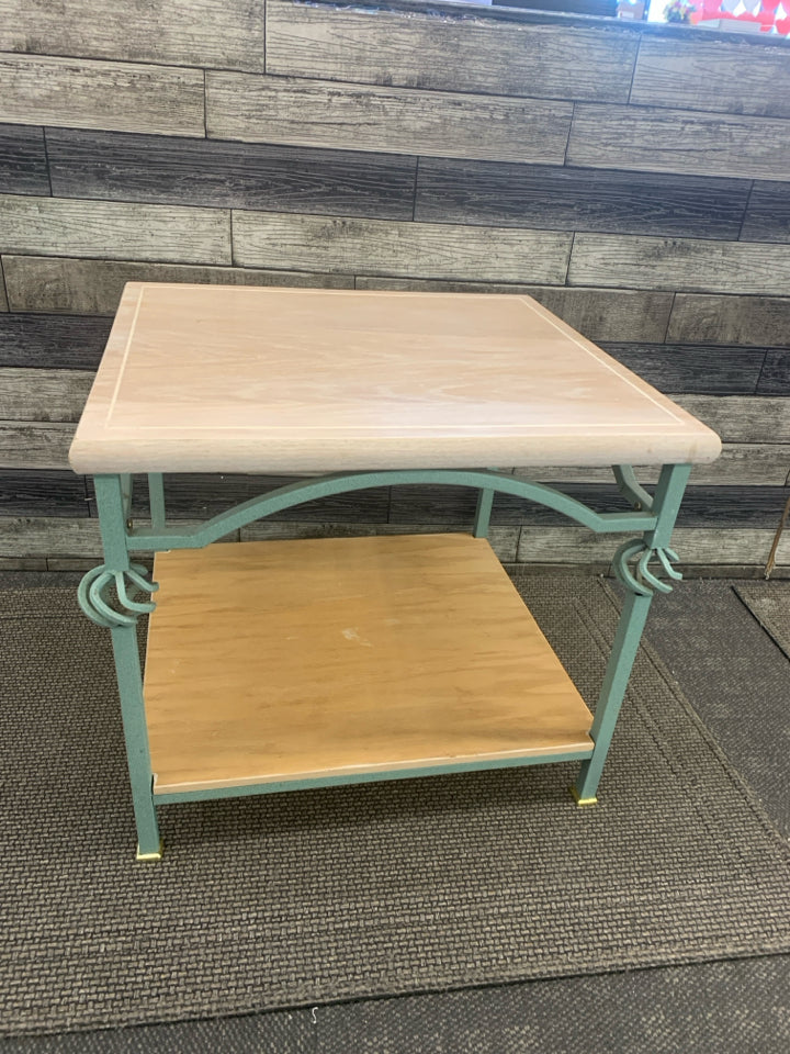 GREEN METAL & BLONDE WOOD TABLE.