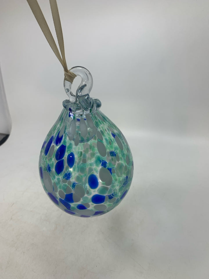 GREEN BLUE WHITE BLOWN GLASS HANGING TEAR DROP ORB.