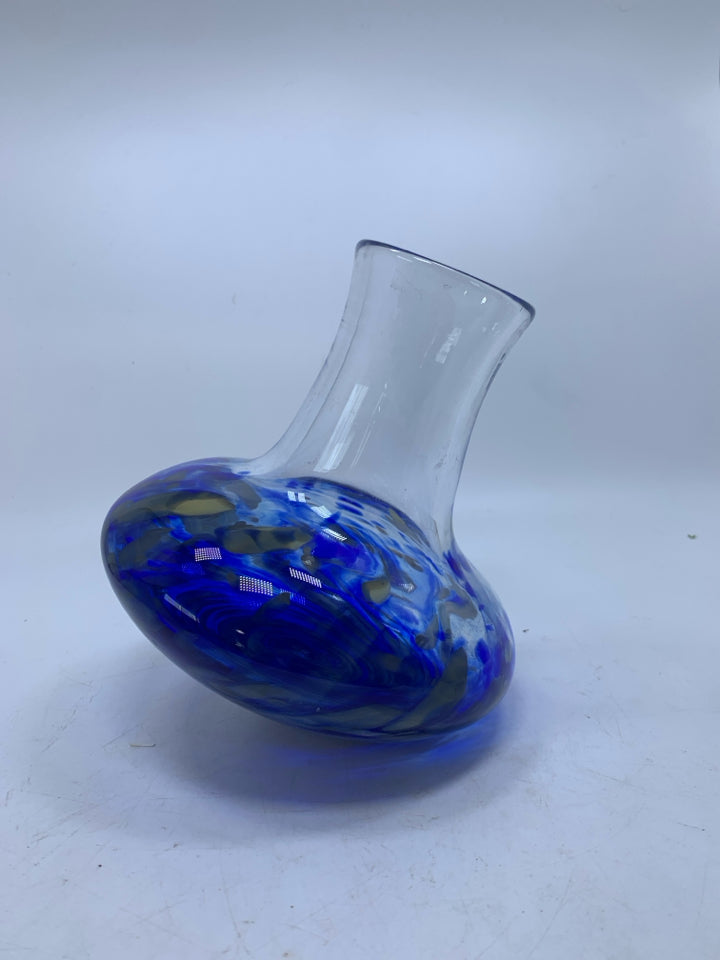 HAND BLOWN TIPSY DECANTER COBALT BLUE SPECKLES SIGNED BY ARTIST ANCHOR BEND.