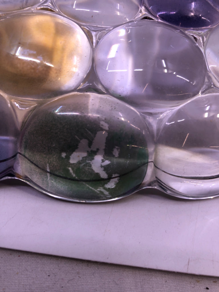 LARGE HEAVY GLASS PLATTER BUBBLE DESIGN PURPLE GREEN YELLOW.