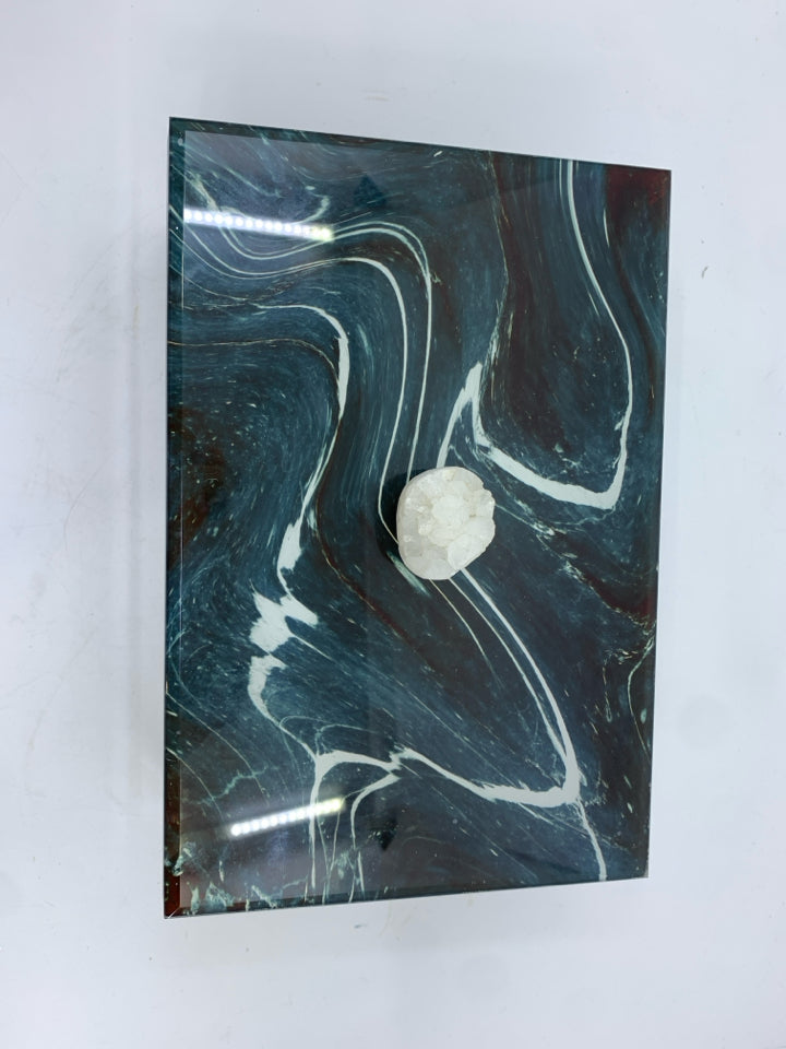 DK BLUE/BLACK SWIRL RESIN JEWELRY BOX W/WHITE GEODE HANDLE.