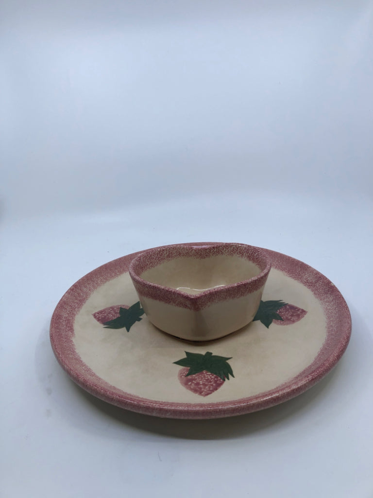 2PC PINK SPONGE STRAWBERRY PATTERN STONEWARE CHIP AND DIP SET.