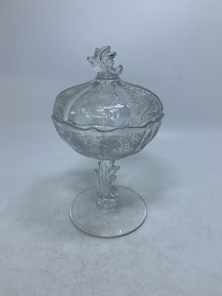 FOOTED PRESSED CLEAR GLASS SMALL CANDY DISH W/ LID.