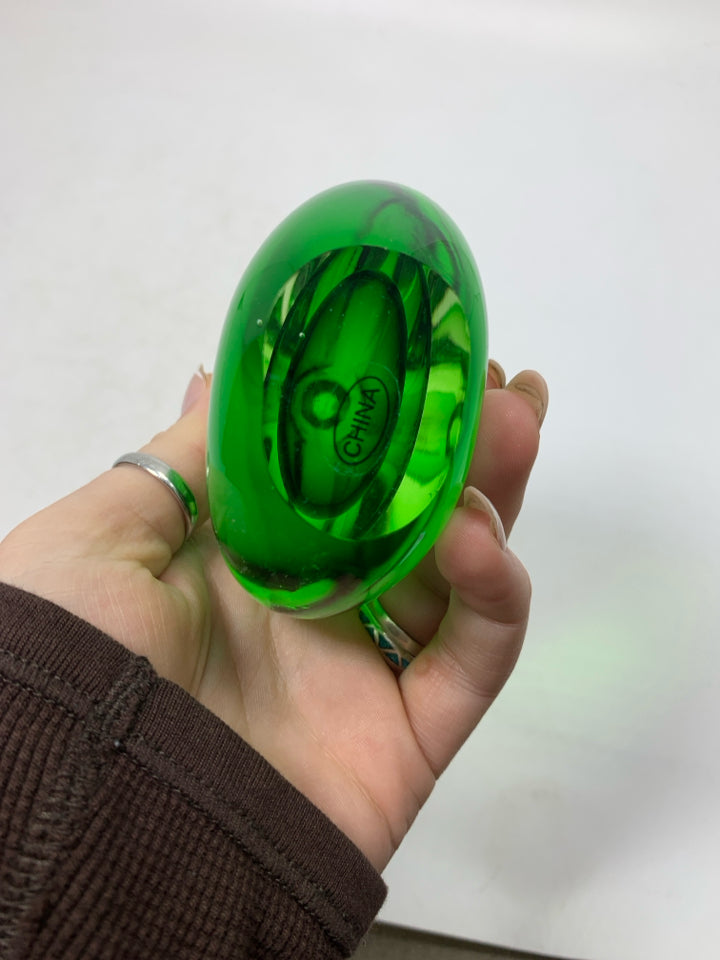 GREEN GLASS TEARDROP PAPERWEIGHT.