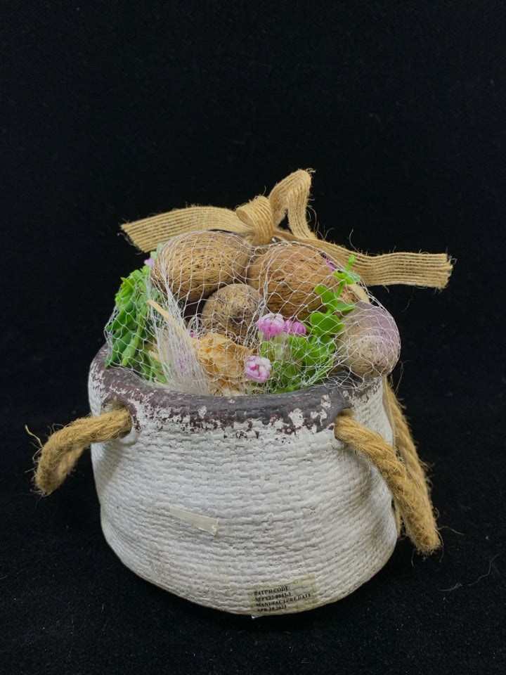 PRINTEMPS FAUX FLOWERS IN CONCRETE W/ WOVEN RIBBON&SILVER BUTTERFLY.