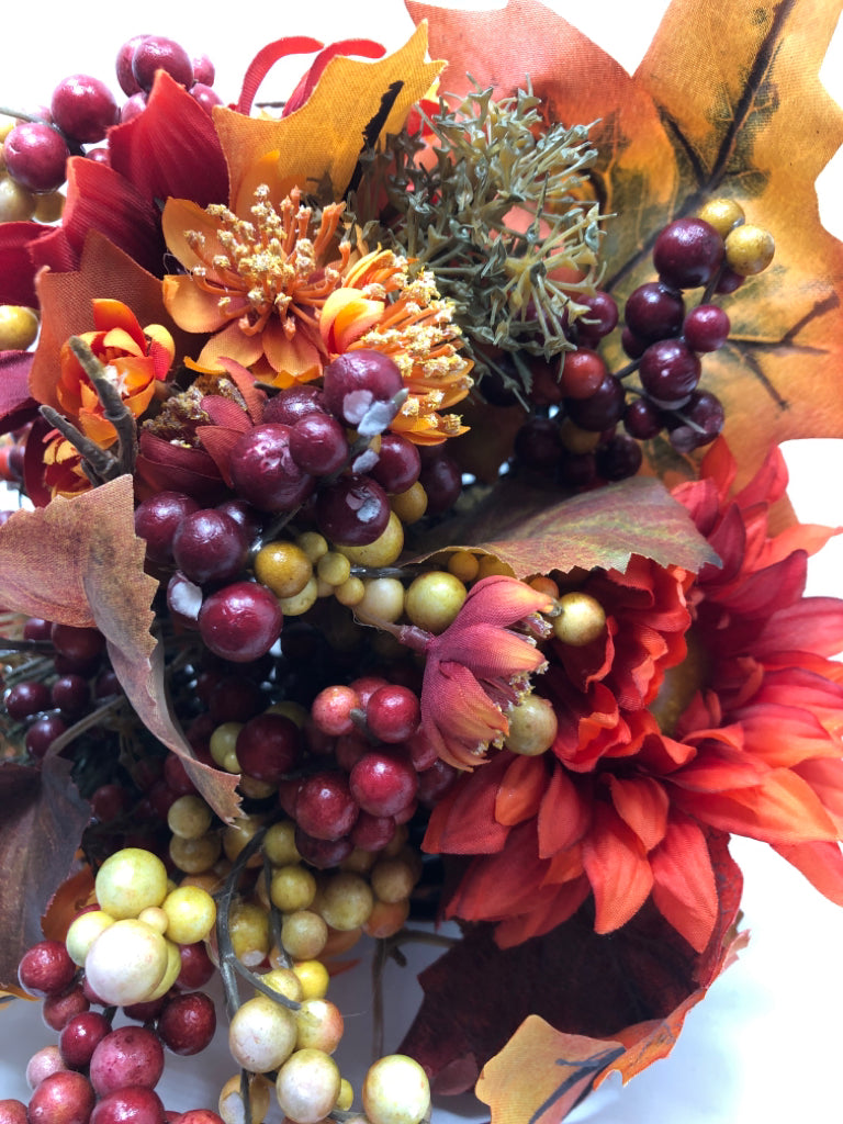 BLACK/BROWN WICKER CORNUCOPIA W/FAUX FALL LEAVES, SUNFLOWERS AND PIP.