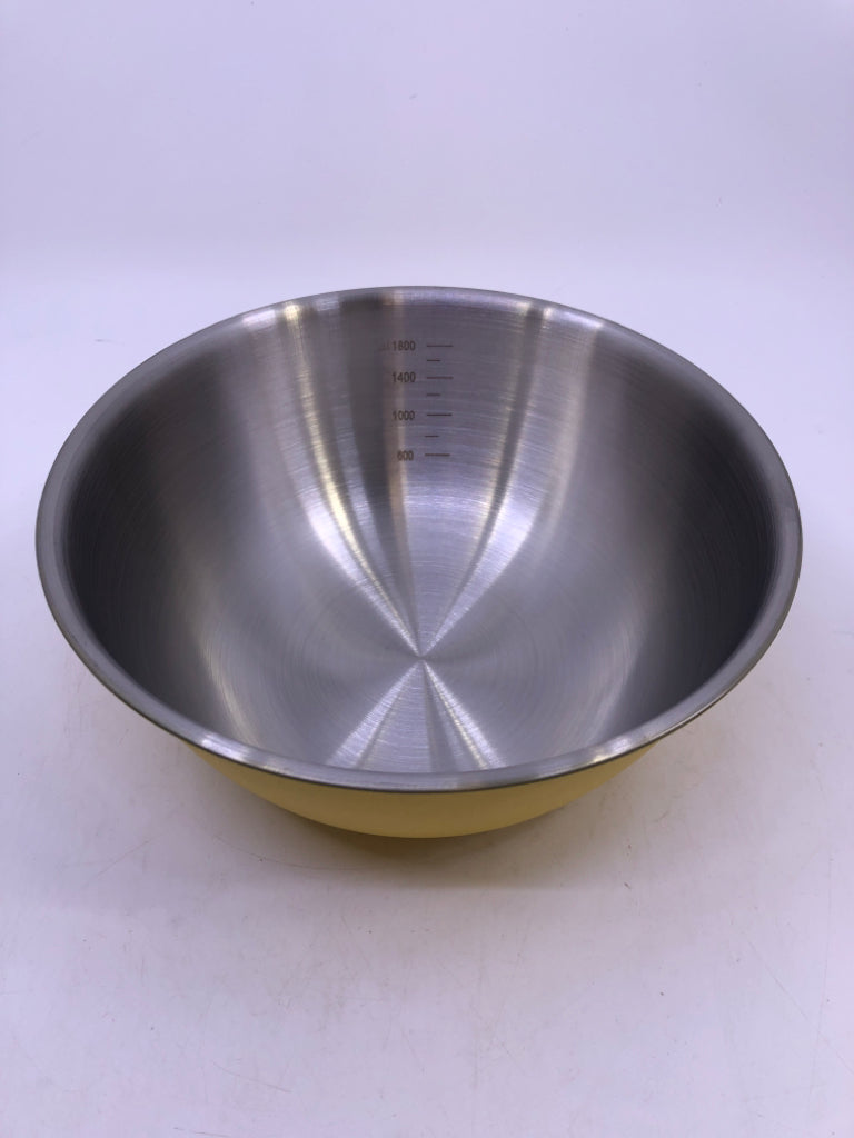 NEW YELLOW STAINLESS STEEL MEASURING BOWL.