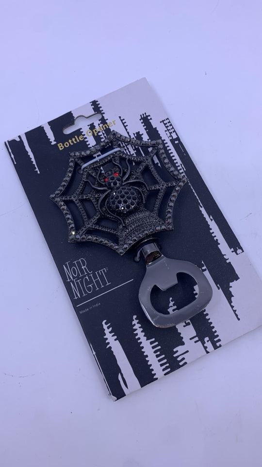 NIP BOTTLE OPENER W/ BLACK BEADED SPIDER IN WEB HANDLE