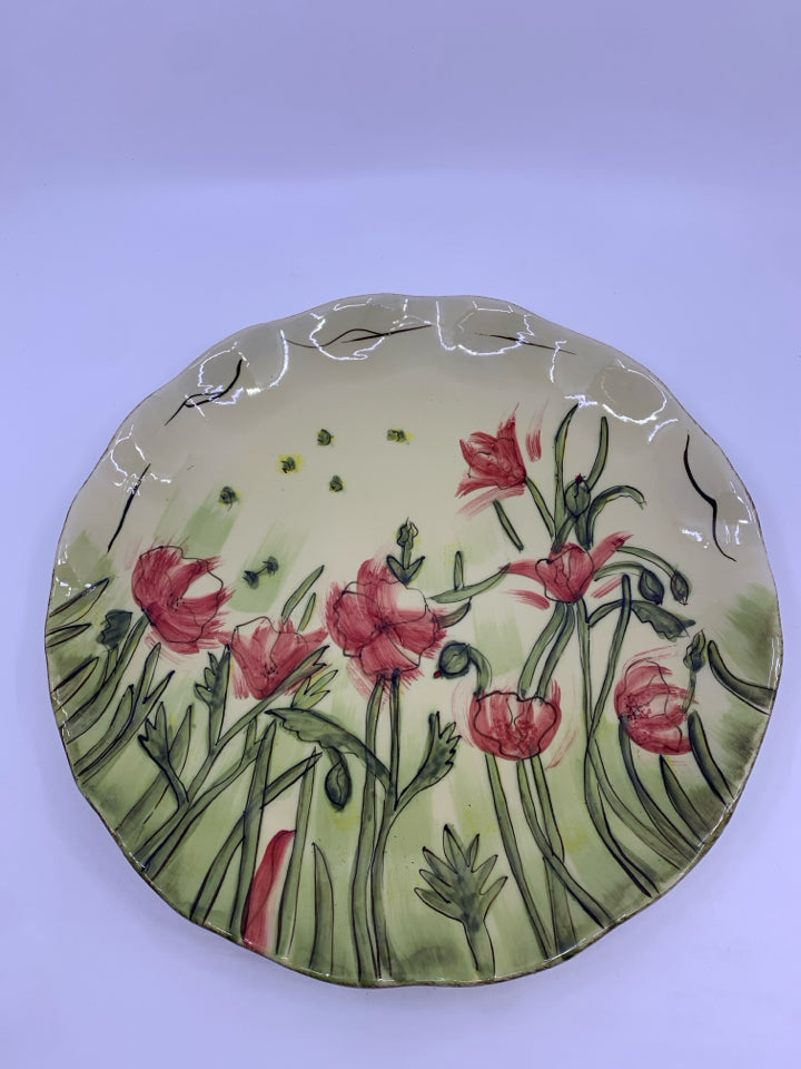 CERAMIC DARK PINK FLOWERS+GREENS PLATTER W/ SCALLOP EDGE.