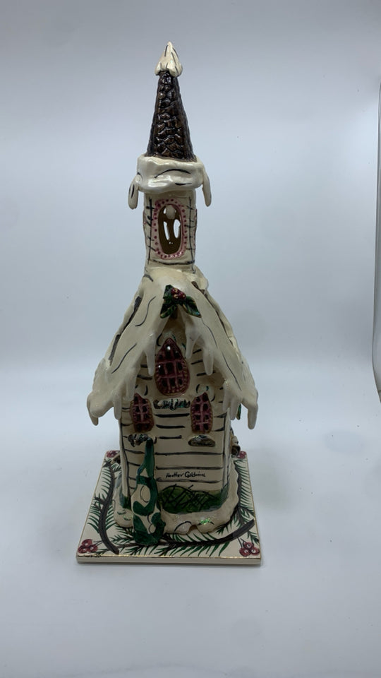 2PC TALL CERAMIC CHURCH CANDLE COVER W/TRIVET.