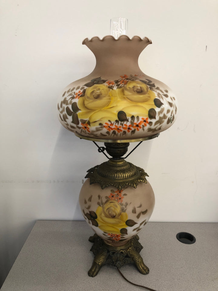 VTG TWO-TONED BROWN AND WHITE HURRICANE LAMP W/ YELLOW FLOWERS.