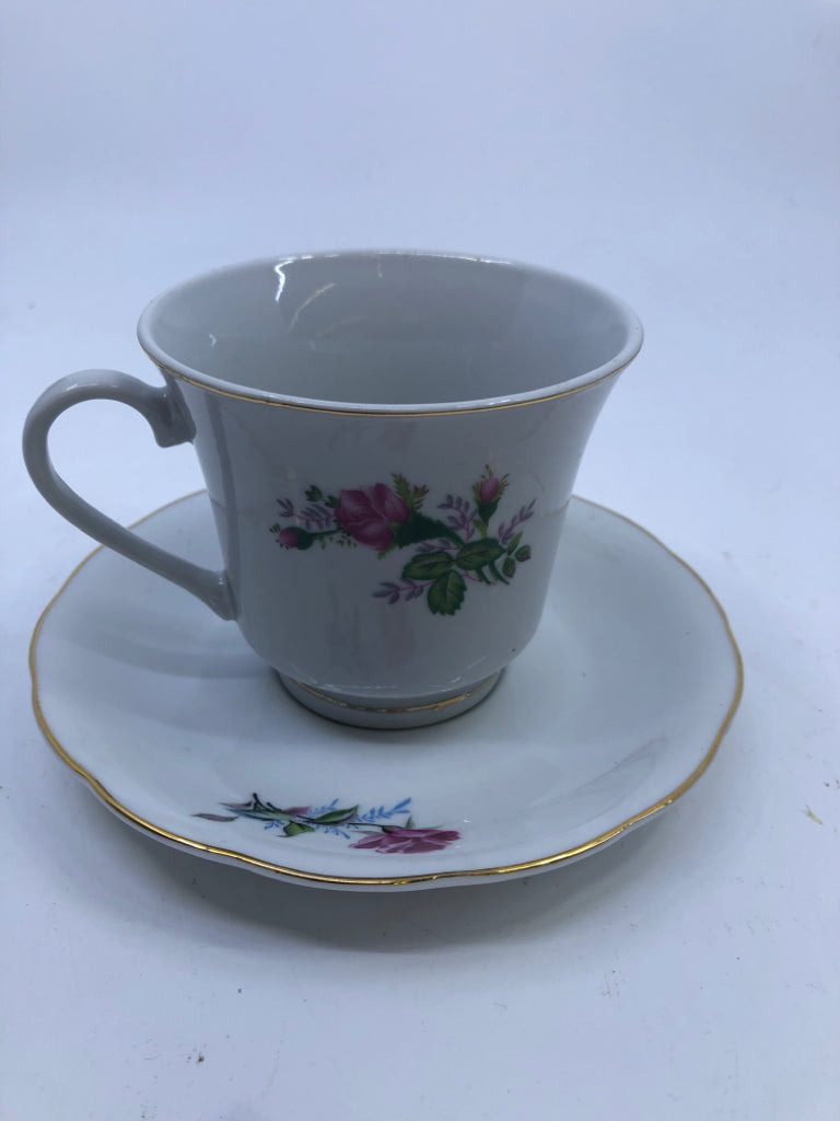 PINK, BLUE ROSE TEACUP AND SAUCER.