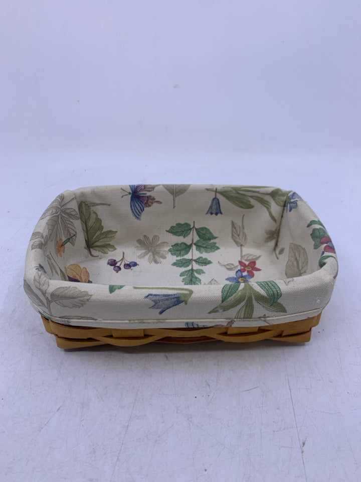 SMALL SHALLOW RECTANGLE BASKET W/ BOTANICAL FIELDS LINER.
