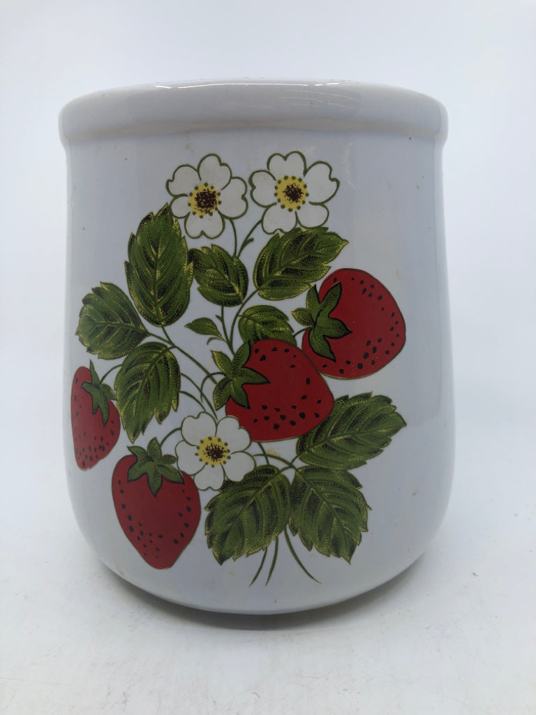 VTG WHITE PAINTED STRAWBERRY UTENSIL CROCK.