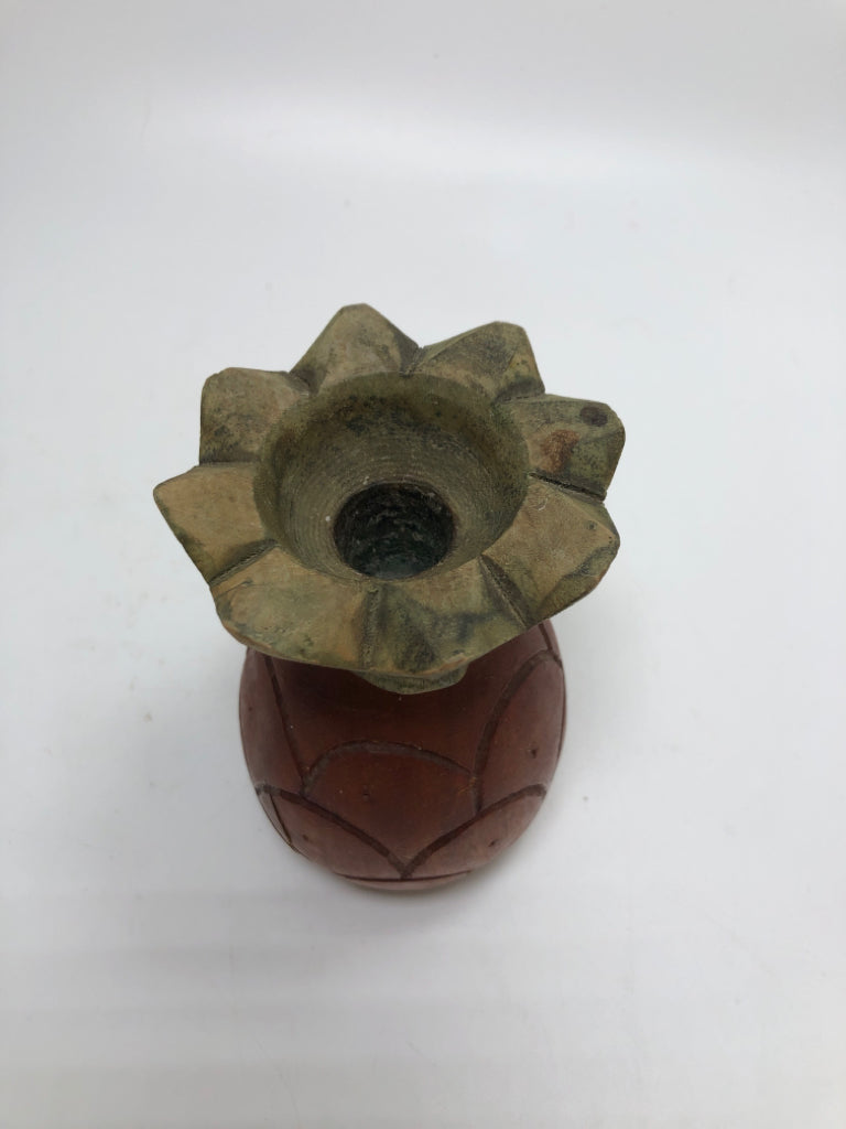 HAND-CARVED WOODEN PINEAPPLE CANDLE HOLDER W/GREEN LEAVES.