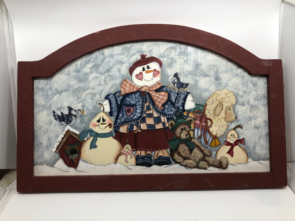 PRIMITIVE SNOWMAN IN RED FRAME WALL HANGING.