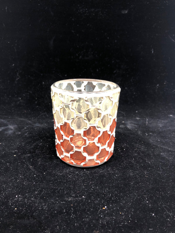 WHITE AND CORAL MOSAIC CANDLE HOLDER.