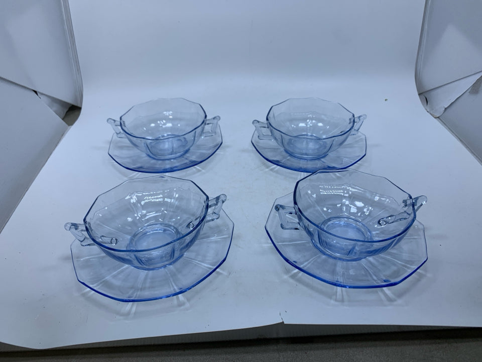 VTG 8PC SVC 4 MOON LIGHT BLUE DOUBLE HANDLED CUP W/ SAUCER CAMBRIDGE GLASS.