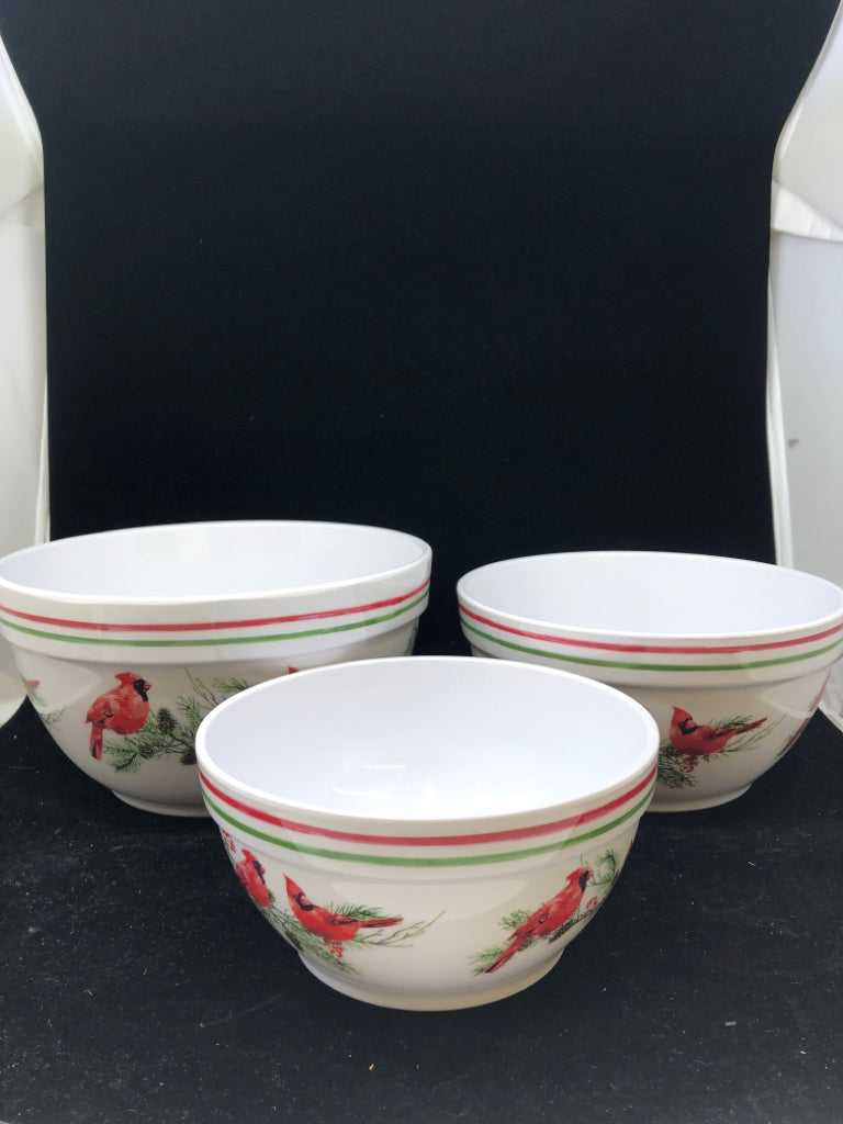 3 MELAMINE CARDINAL NESTING BOWLS.