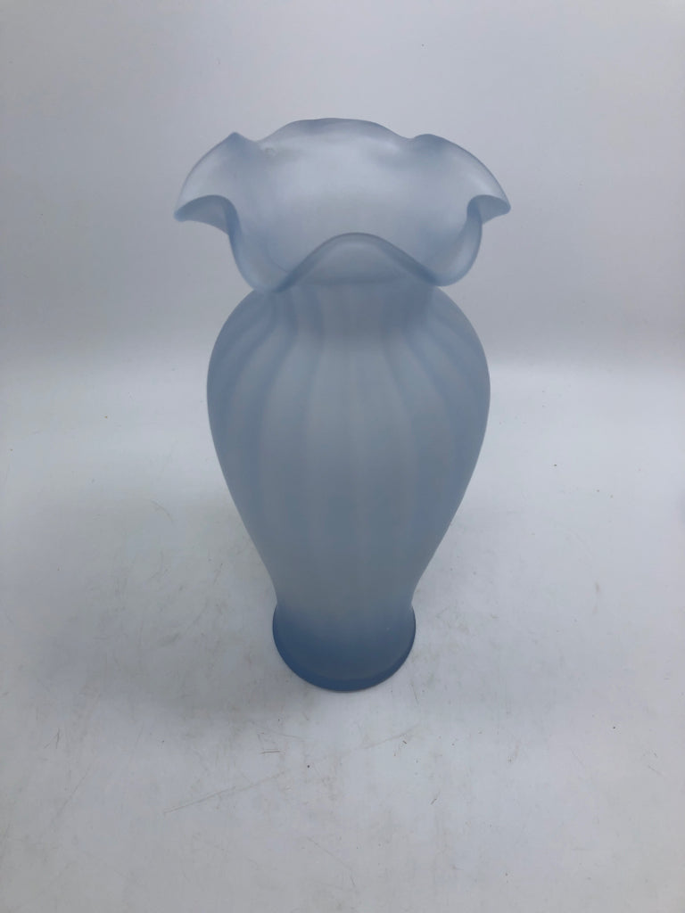 FROSTED BLUE TINT VASE W/RUFFLED RIM.