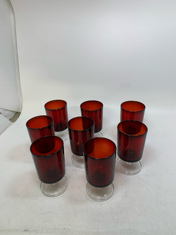 8 CLEAR BASE W/ RED TOP CORDIAL GLASSES.