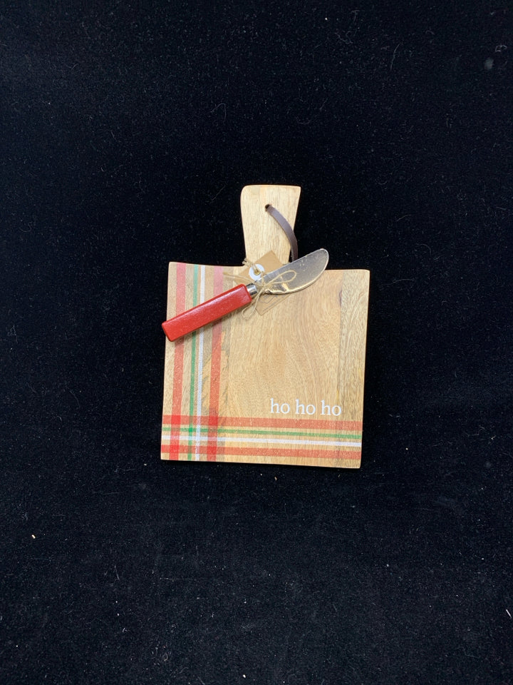 "HO HO HO" RED/WHITE/GREEN STRIPE CHEESE BOARD & KNIFE.
