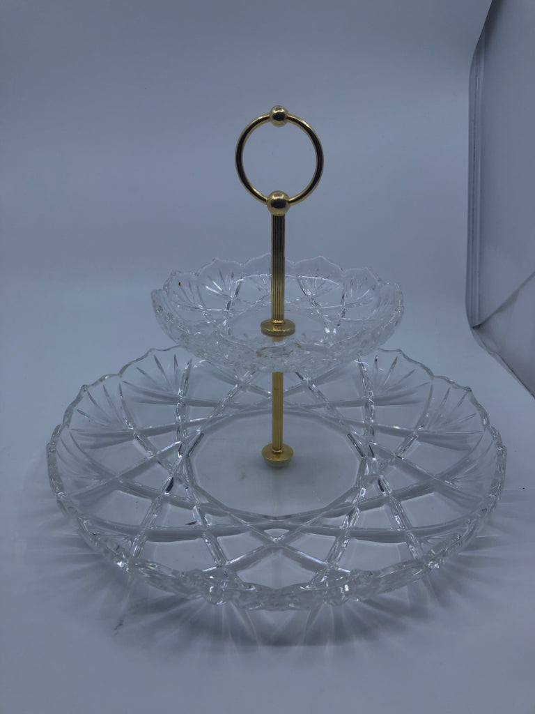 2 TIER CRYSTAL SERVING PLATTER W/ GOLD HARDWARE ETCHED LINES.