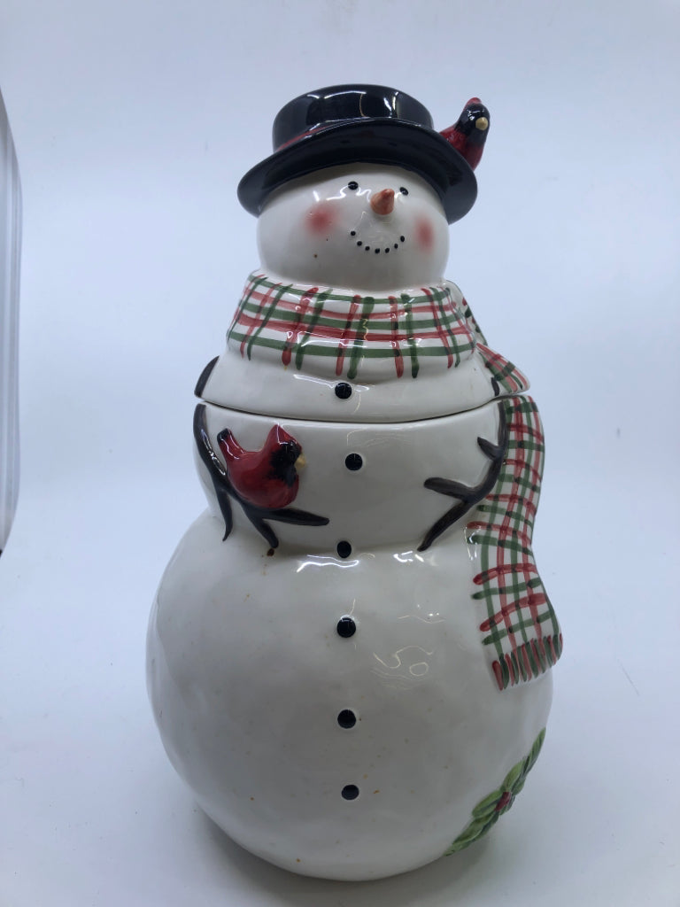 SNOWMAN COOKIE JAR W PLAID SCARF.
