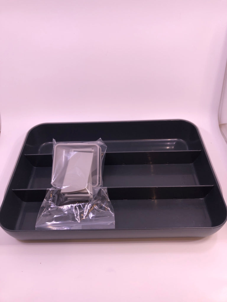 2-TONED GRAY SLIDE-OUT SNACK TRAY W/BAG OF DIVIDER ATTACHMENTS.