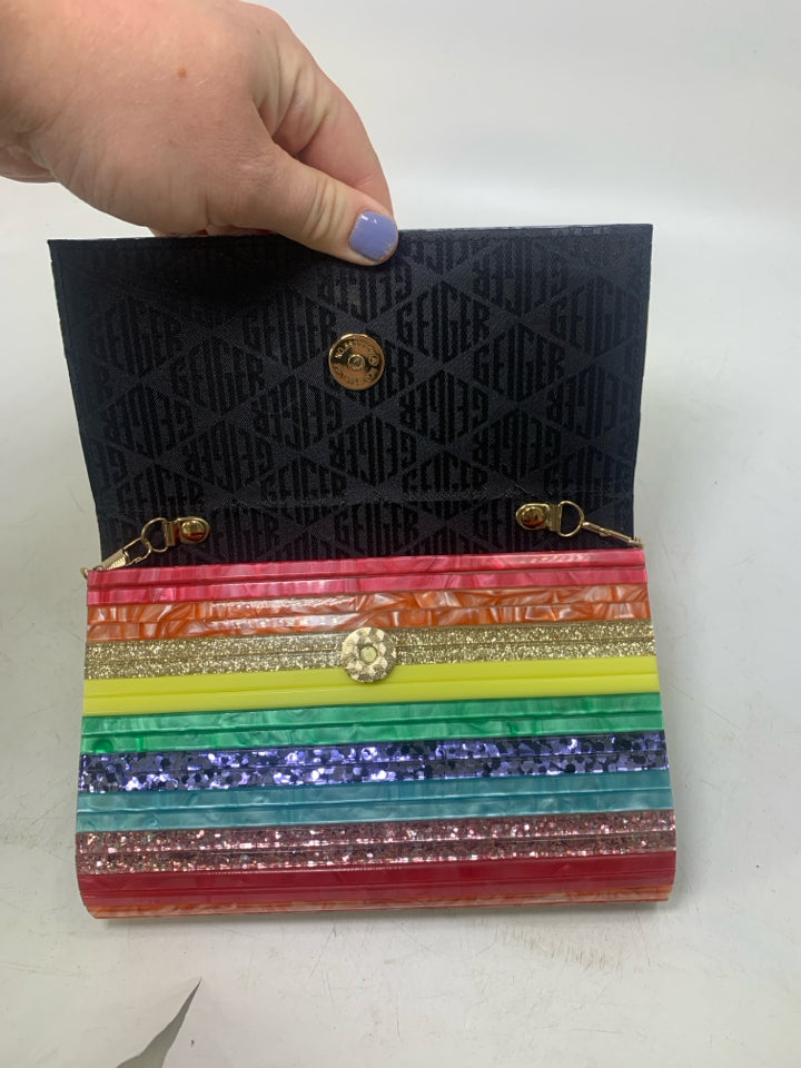 Kurt Geiger London Party Envelope Sparkle Rainbow Striped Clutch Purse