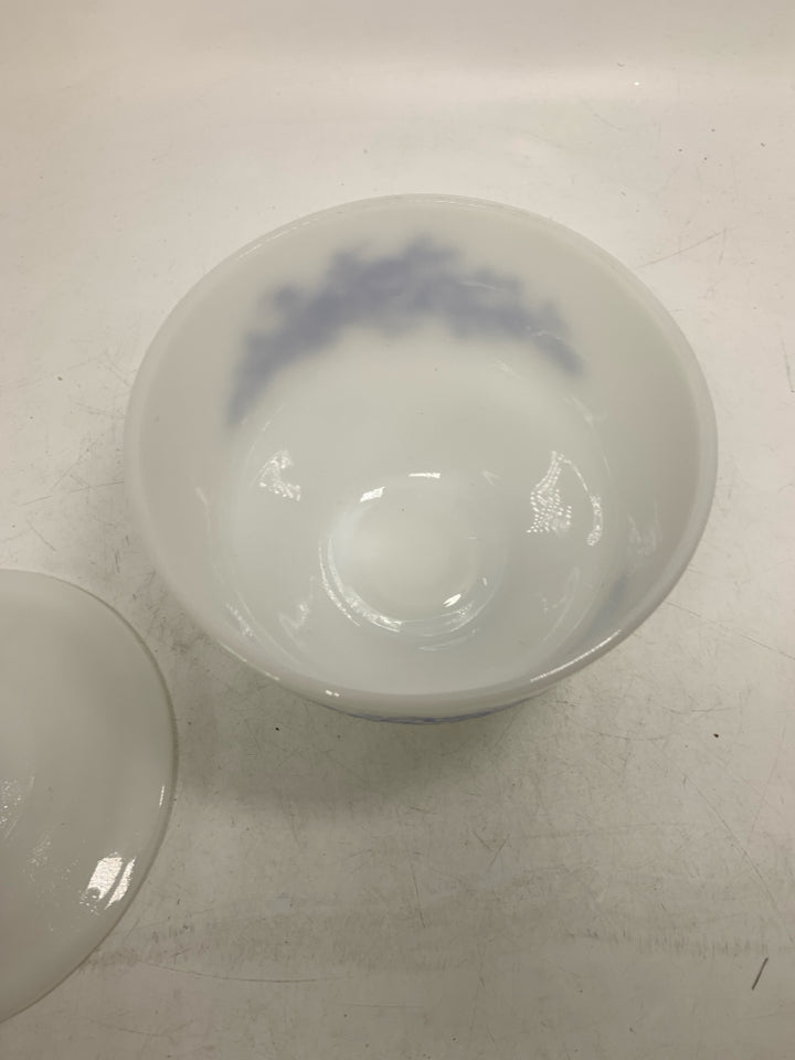 VTG MILK GLASS BLUE ROSES MIXING BOWL W/ LID.